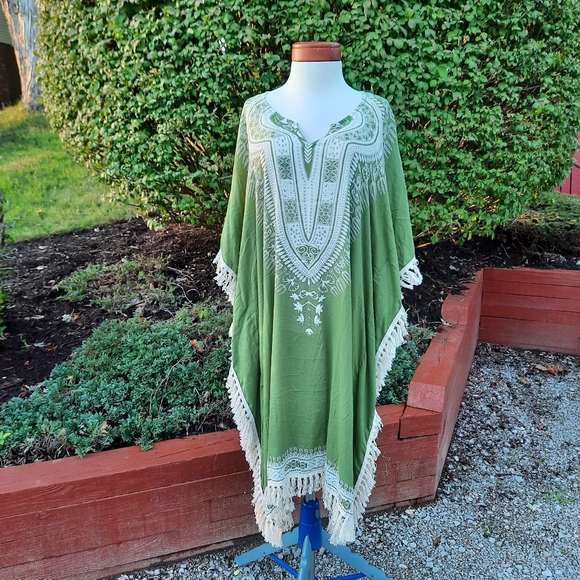 Bohemian Fringe Tribal Print Midi Length Poncho Caftan Kimono Cover Up NEW OS - Picture 6 of 13